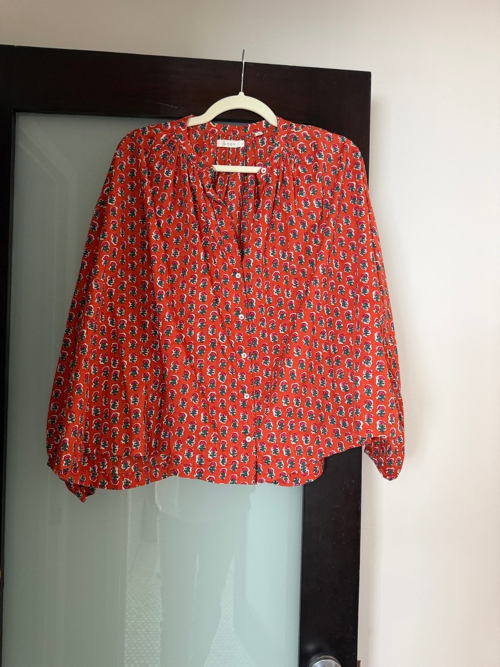 Doen Coral-Red Floral Button-Up Jane Blouse